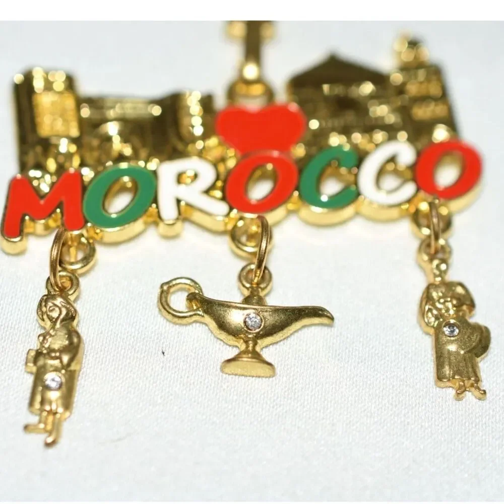 NWOT Vacation Fun Quirky Morocco Multi Charms Gold Tone Keychain